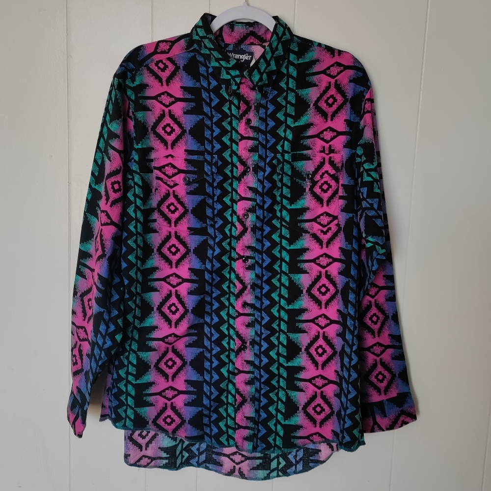 Vintage 90s Western Shirt Aztec Print Button up Cotton Bright